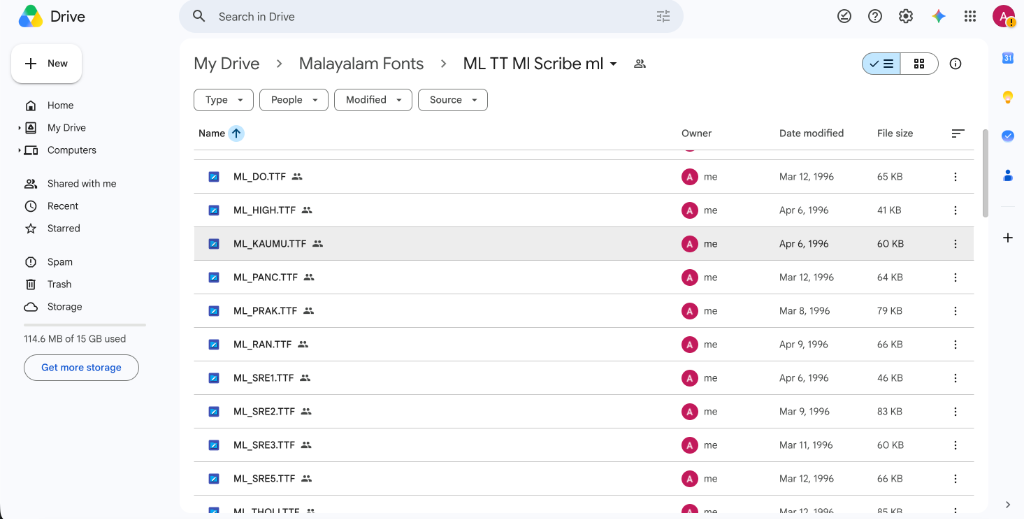 Malayalam Fonts ML TT Scribe Folder List